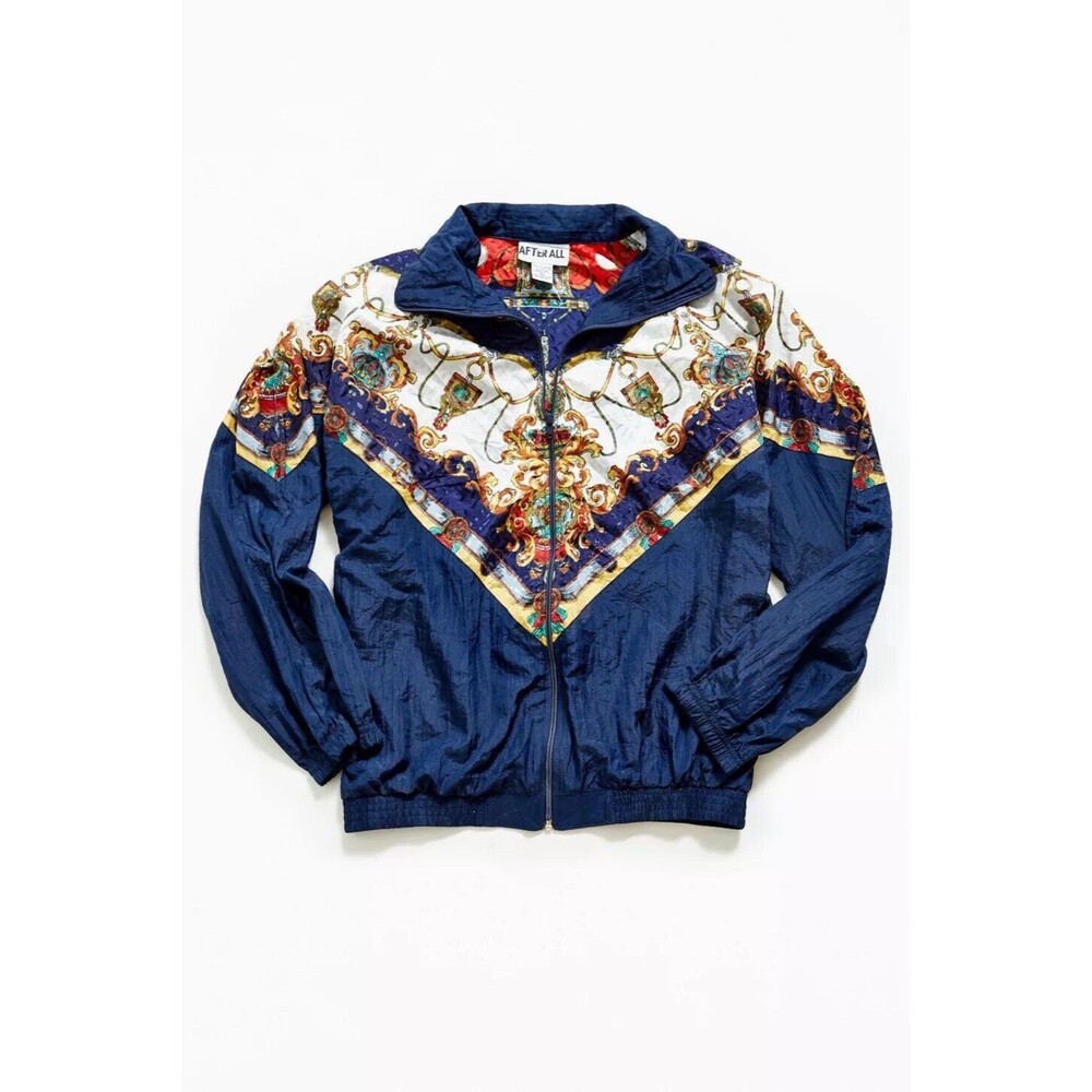 After All 90s Vintage Baroque Print Jacket Womens Blue Track Bomber Jacket Large